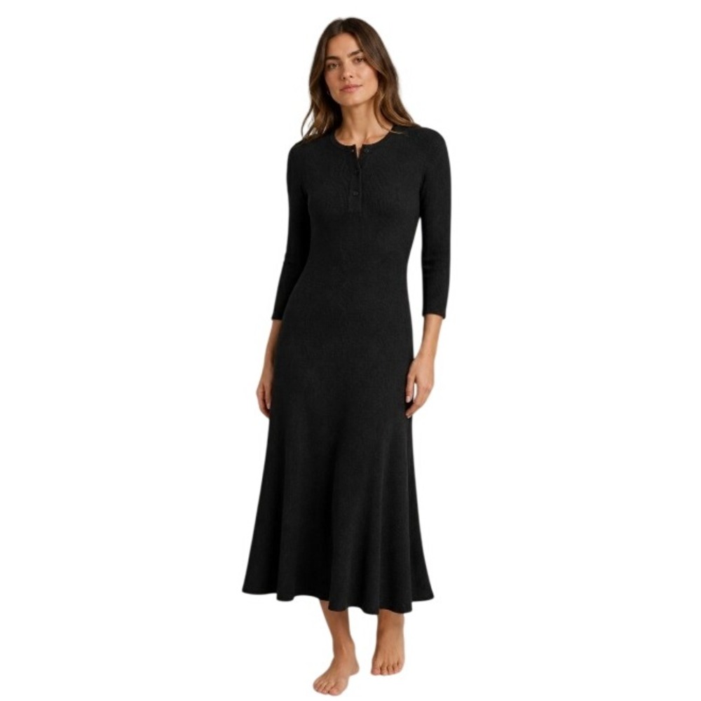 Polo Ralph Lauren Henley Maxi Dress Black Waffle Knit Thermal Asymmetrical L